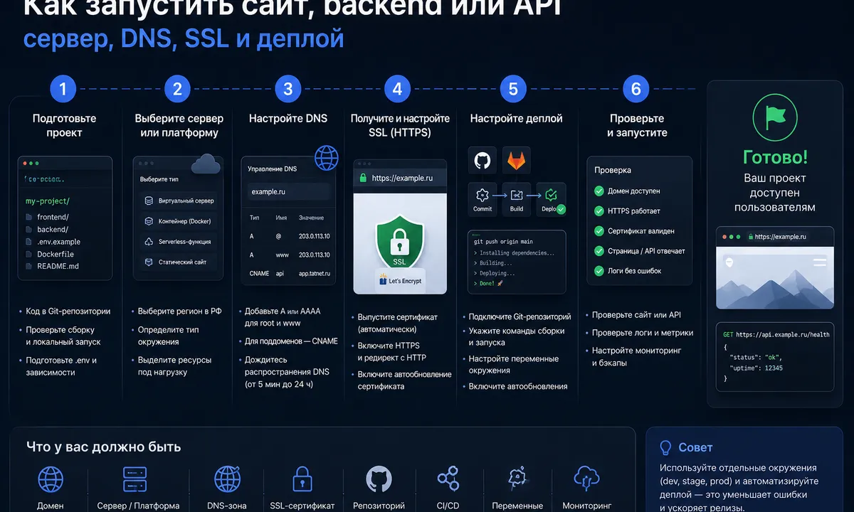Как запустить сайт, backend или API: сервер, DNS, SSL и деплой